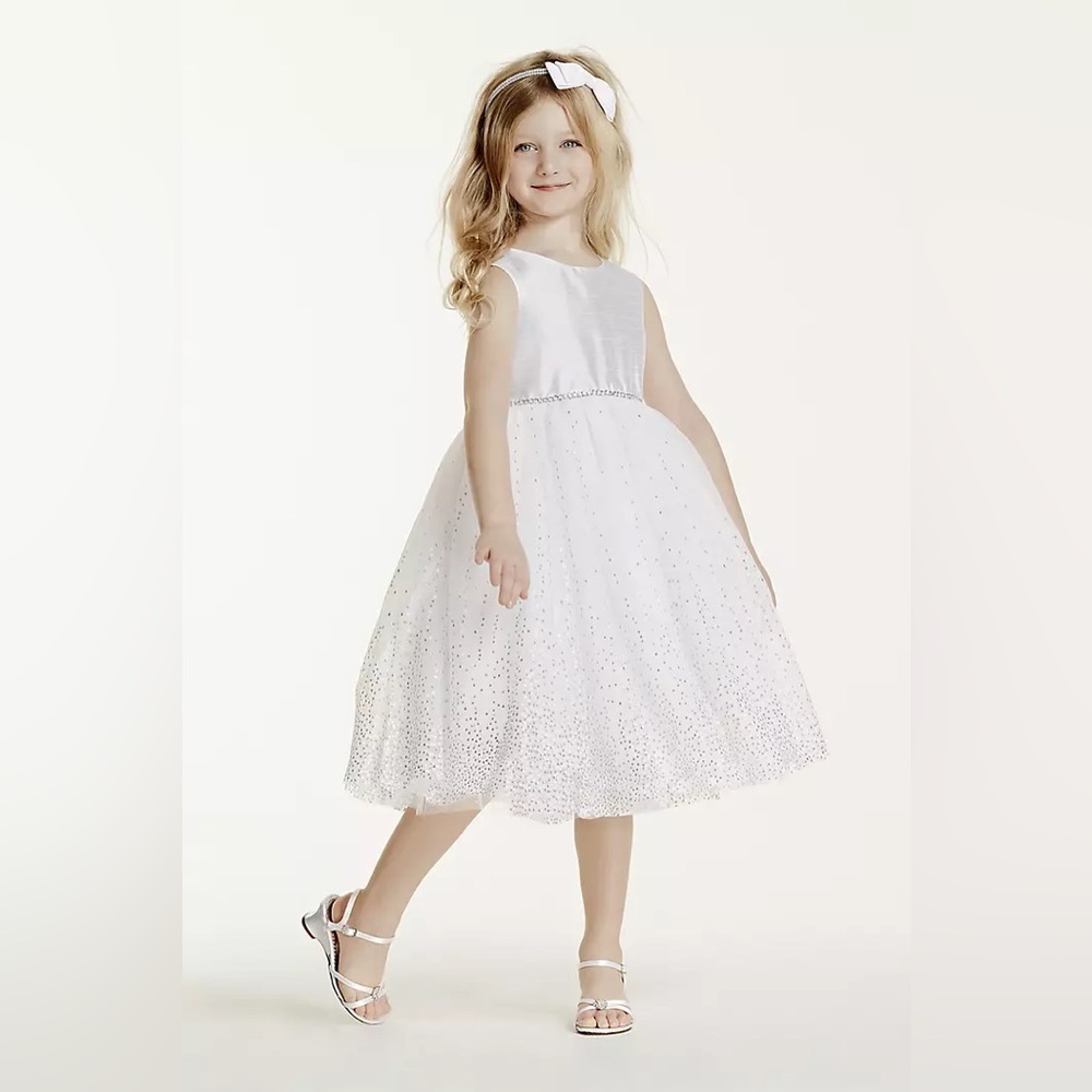 DAVID’S BRIDAL | white tea length beaded tulle ball gown flower girl formal
